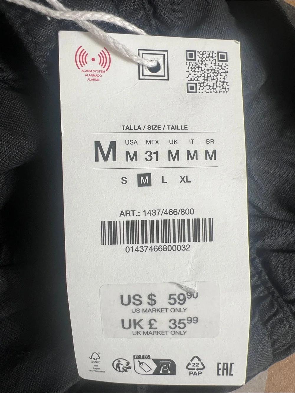 Zara Men's Relaxed Fit Cotton-Linen Pants Black Medium